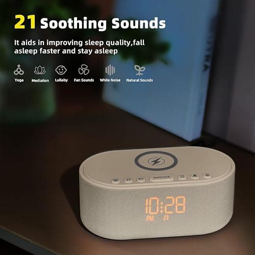 Sound Machine Alarm Clock for Bedrooms: Bluetooth 10W Stereo Sound Speaker with Wireless Charging - White Noise Machine for Sleeping with 21 Soothing Sounds - Putty thumbnail 5