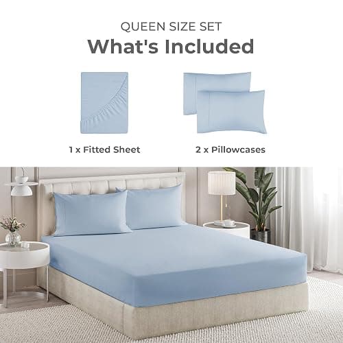 Sleepy Town Queen Size Bed Sheets - 3 Piece - NO Flat Sheet Included - Queen Sheet Set - Soft, Comfy & Cooling - Easy Care - Wrinkle & Fade Free - Brushed Microfiber - Deep Pocket Sheets (Sky Blue) thumbnail 2