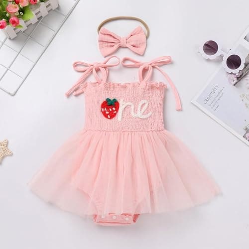 IBTOM CASTLE Baby Girl 1st Birthday Outfit Floral Strawberry Smocked Tutu Dress One Year Old Birthday Cake Smash Photoshoot thumbnail 3