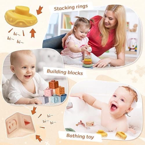 Montessori Baby Toys 6-12 Months, 4 in 1 Montessori Toys Set 6 Months Old+, Stacking Building Blocks Infant Toys, Tissue Box Toy, Baby Sensory Toys for 1 2 3 Year Old Boy Girl - 4 in 1 toy thumbnail 3