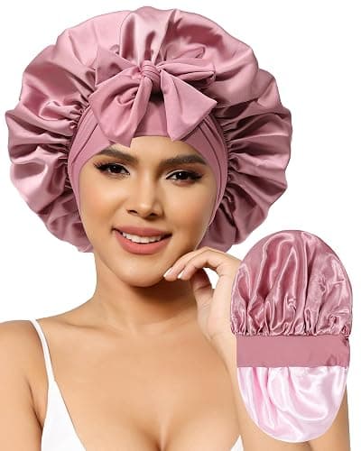 Satin Bonnet for Women Silk Bonnets for Sleeping Curly Hair Bonnet with Elastic Tie Band Reversible Double Layer Sleep Cap Hair Wrap (Bean Paste + Pink) - Image 1