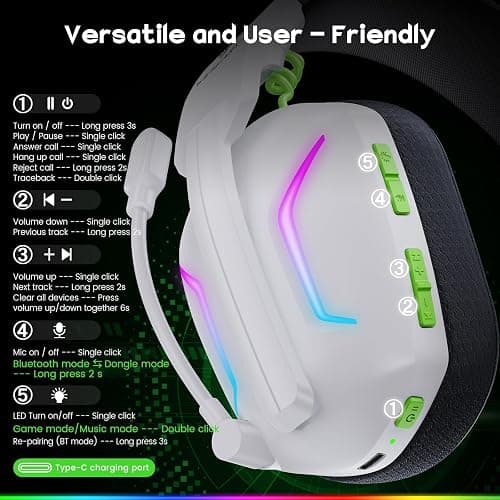 WESEARY Wireless Gaming Headset for PC, PS5, PS4, Switch, Mac, 2.4GHz Wireless Gaming Headphones with ENC Noise Canceling Microphone, Bluetooth 5.4, Cool Lighting, 50H Battery, 50mm Drivers thumbnail 9