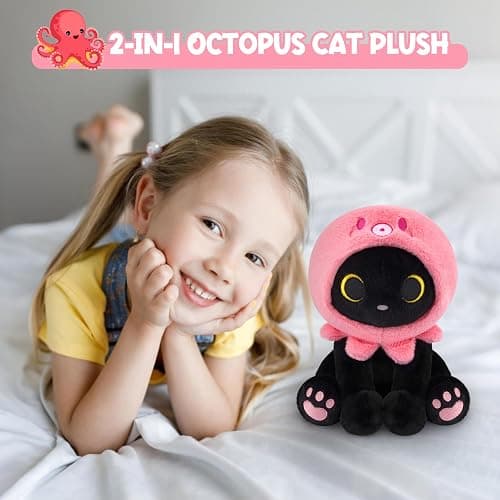 KOPHINYE Octopus Cat Plush - 8" Black Cat Stuffed Animal with Removable Squid Plush Hood, Soft Huggable Plushie Toy for Kids, Kawaii Plushies Birthday Gift for Girlfriend thumbnail 5