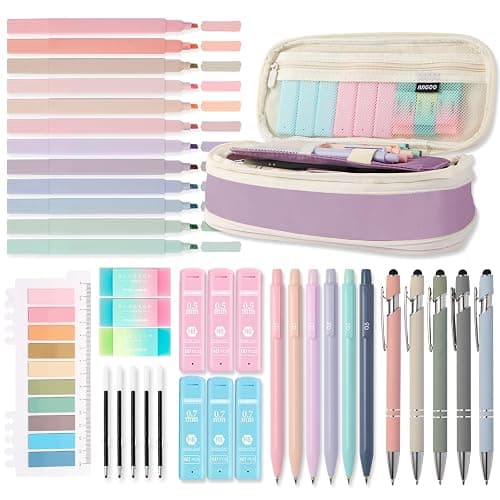 39PCS Aesthetic School Supplies with Cute Pencil Case, 5X Ballpoint Pens with Stylus Tip, 12X Pastel Highlighters, 6X Mechanical Pencil Set 0.5&0.7mm, Suit for Preppy School College Essentials(purple) - Image 1