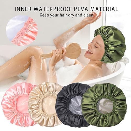 Shower Caps for Women, 4 PCS Elastic and Reusable Bath Caps, Double Layers Shower Cap Reusable Waterproof, Bathing Shower Caps, Environmental Bath Hair Protection Cap - Solid Color B thumbnail 5