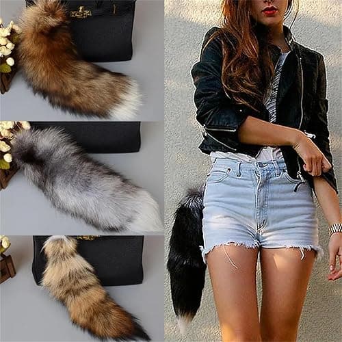 ASkinds Fluffy Fox Tail Fur Keychain Cosplay Toy Party Costume Furry Wolf Tails Handbag Accessory Key Chain Ring Hook for Women(White+Black) thumbnail 2