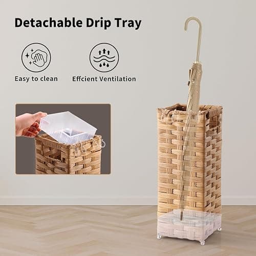 WAOHANAZ Rattan Umbrella Stand, Umbrella Holder for Entryway, Hand Woven Umbrella Rack Organizer Freestanding, with a Detachable Drip Tray, 4 Hooks, 6.5" L x 6.5" W x 16.5" H - 6.5"L x 6.5"W x 16.5"H thumbnail 4