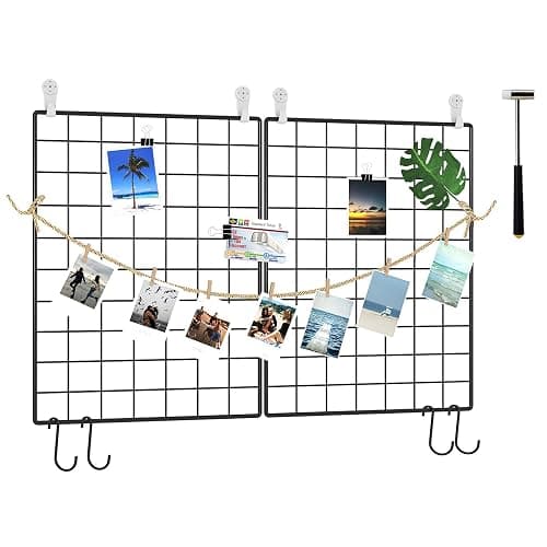 C&AHOME Photo Wall Grid Panel Set of 2, Decor Grid Panel, Photo Display Shelves, Hooks, Clips, Hemp Cord, Hammer, 15.7" 11.8", Black UWWGM3402B - Image 1