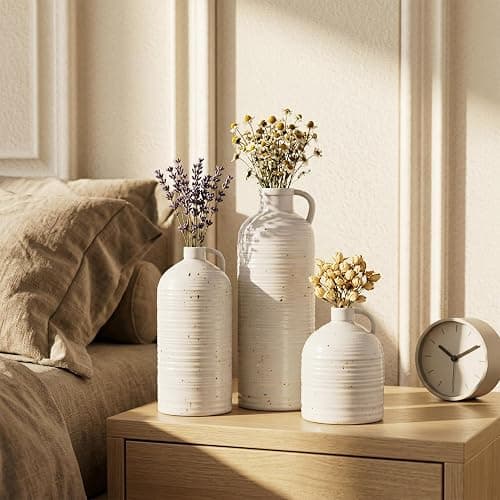 Firehold Ceramic Vase Set of 3, Rustic Home Decor Vases for Modern Farmhouse, White Boho Flower Vases for Shelf, Mantel, Table Decor, Small Decorative Vase for Dried Flowers & Pampas Grass thumbnail 6