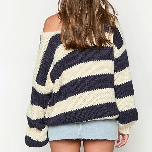 Women Oversized Striped Long Sleeve Sweaters Drop Shoulder Color Block Knit Pullover y2k Fall Loose Jumper Tops thumbnail 2