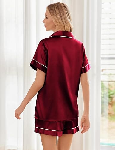 Ekouaer Womens Silk Satin Pajama Sets Soft Short Sleeve Button Down Sleepwear Top and Shorts 2 Piece Pjs Lounge Set thumbnail 2