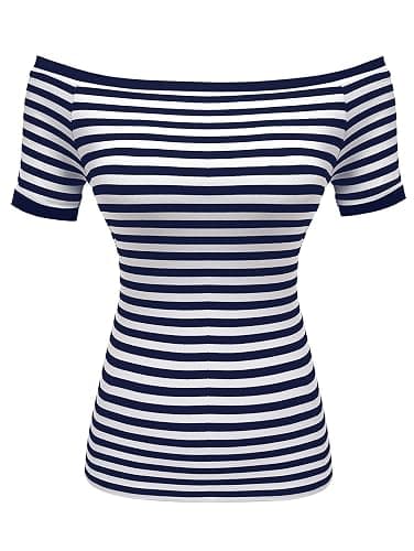 LilyCoco Off The Shoulder Tops for Women Striped Short Sleeve Sexy Going Out Top thumbnail 4