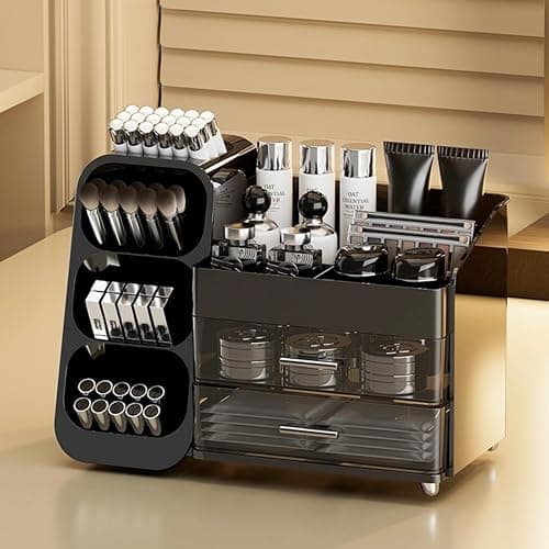 KQJS Makeup Organizer with Drawers, Large Capacity Countertop Organizers for Vanity,Bathroom and Bedroom Desk Cosmetics Organizer,Easy To Storage Skincare,Brushes,Lotions,Lipstick (Black) thumbnail 2