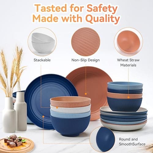 Wheat Straw Dinnerware Sets,64-Piece Plates and Bowls Sets for 8-Unbreakable,Reusable Plastic Dish Set-Dinner Plate/Dessert Plate/Cereal Bowl/Cup/Utensils-Microwavable Dishwasher Safe 64P-Deep Blue thumbnail 4