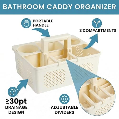 KMV Dorm Room Portable Shower Caddy with Adjustable Compartments - Ventilated Drainage Design with Handles, Perfect Toiletries Organizer for College Dorms-beige thumbnail 4