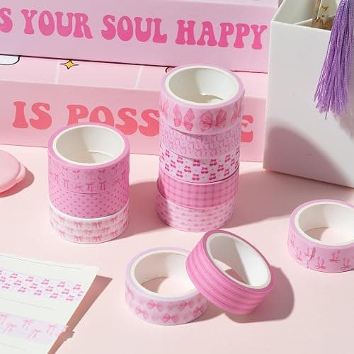 BkeeCten 12pcs Pink Bow Washi Tape, Trendy Watercolor Pink Bow Cherry Preppy Aesthetic Decorative Tape, Cute Bowknot Heart Buffalo Plaid Artistic Tape for DIY Craft Scrapbook Wrapping Decor thumbnail 5