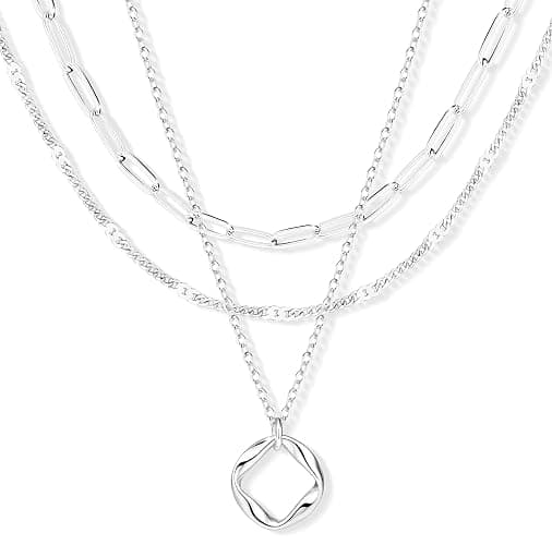 Poxtex Layered Gold Necklaces for Women,Stackable Dainty 14K Gold Silver Plated Trendy Circle Paperclip Chain Pendant Choker Necklace,Simpl Diamond Cross Bow Jewelry Set Gifts for Women - Image 1