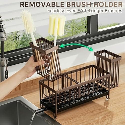 Cisily Brown Sponge Holder for Kitchen Sink, Sink Caddy Organizer with High Brush Holder, Kitchen Countertop Organizers and Storage Essentials, Rustproof 304 Stainless Steel, Soap Dispenser Organize thumbnail 5