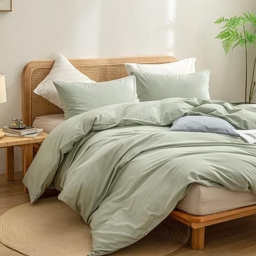 BESTOUCH Duvet Cover Set 100% Washed Cotton Linen Feel Super Soft Comfortable Chic Lightweight 3 PCs Home Bedding Set Sage Green Queen thumbnail 5