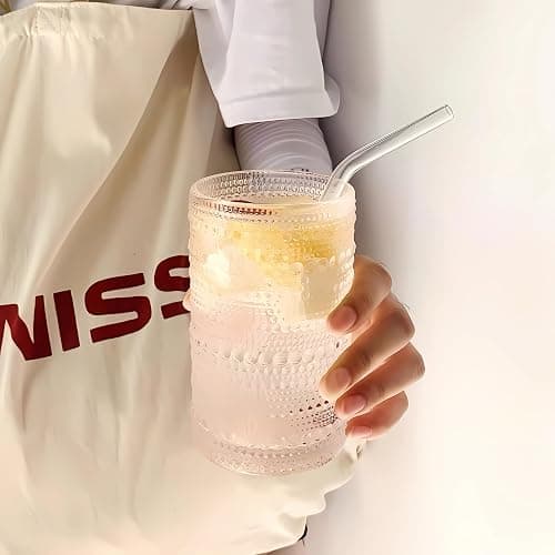 Ework4U 2 Pcs Iced Coffee Glasses Cups with Glass Lids and Straws,12 oz Thick Emboss Beaded Drinking Glass Cup Set,Latte Glasses,Ideal for Water,Soda,Gift - with Cleaning Brushe thumbnail 4
