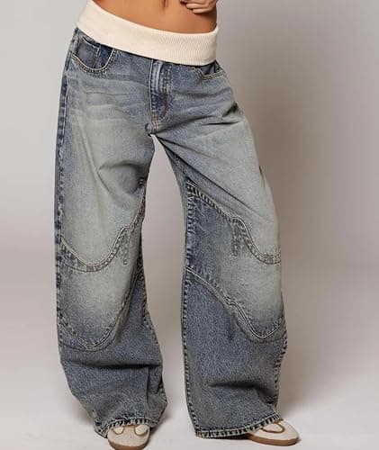 Raboolion Women's Y2K Low Waist Baggy Cargo Denim Pants Loose Fit Patchwork Wide Leg Streetwear Vintage Boyfriend Jeans thumbnail 4