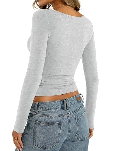 EasyGala Womens Cotton Boat Neck Long Sleeve Shirts Basic Going Out Stretchy Slim Fit Y2k Crop Tops thumbnail 6