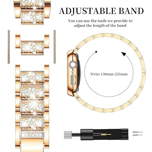 Mosonio Compatible with Apple Watch Band 38mm 40mm 41mm 42mm 44mm 45mm 46mm 49mm with 2 Pack Case Women, Jewelry Replacement Metal Bands Strap with Bling PC Protective Case for iWatch Ultra SE Series 11/10/9/8/7/6/5/4/3/2/1 thumbnail 5