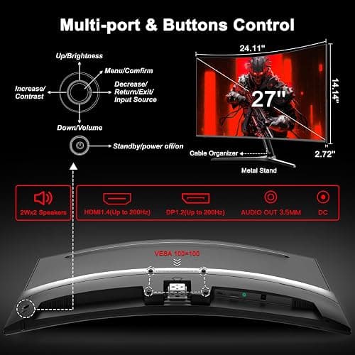 SANSUI 27 Inch Curved Gaming Monitor 200Hz 180Hz 1ms with Speakers FHD 1080P Computer Monitor FreeSync|1500R|130% sRGB|HDR|Low Blue Light|HDMI DP Ports|VESA Mount|Metal Stand(HDMI Cable Incl.) thumbnail 9