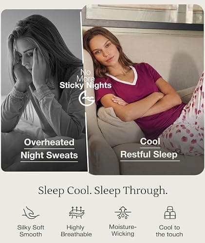 GYS Bamboo Viscose Pajamas for Women Cooling Sleepwear for Hot Flashes | Short Sleeve V-Neck, Luxury Soft Sleep Lounge Set, Moisture Wicking, Breathable for Night Sweats, Oeko-Tex Certified thumbnail 5