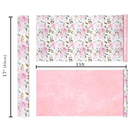 BIOBROWN Reversible Floral Wrapping Paper Roll - 17 Inches X 33 Feet (47 sq. ft. ttl.) Pink Watercolor Roses Design Flower Gift Wrap for Mother's Day, Wedding, Bridal Shower, Valentine's Day thumbnail 6