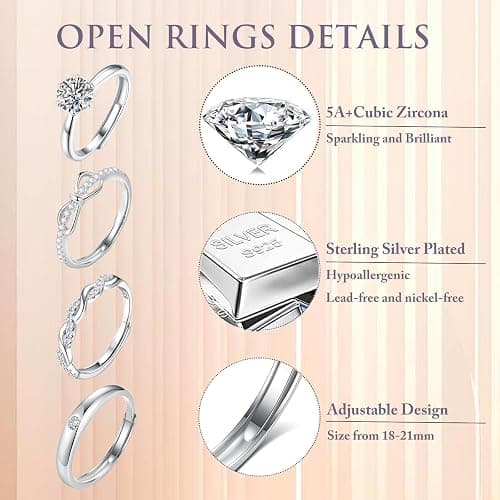 sawyofu Sterling Silver Adjustable Rings For Women 4pcs Cubic Zirconia 925 Silver Plated Wedding Stacking Rings Sets For Women Jewellery thumbnail 3