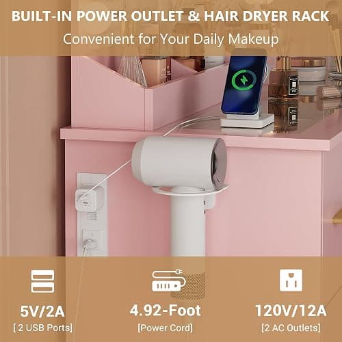 METOTI 44" Vanity Desk with 38" Large Mirror and 9 LED Lights & Glass Top and Power Outlet, Makeup Vanity Set with 7 Drawers & Chair and RGB Ambient Light, Dressing Table for Bedroom, Modern Pink thumbnail 6