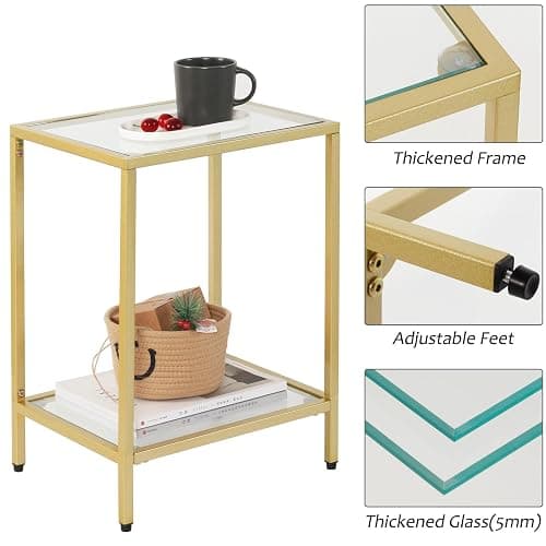 Gawicpy Modern 2-Tier Tempered Glass End Table - Stylish Black Metal Side Table for Small Spaces, Perfect for Living Room & Bedroom (Gold, 1PCS) thumbnail 7
