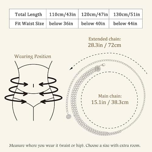 Nackiy Western Chain Belts for Women, Gold/Silver Boho Cowgirl Waist Belt, Sizes 43/47/51in, Dress & Jeans Accessory thumbnail 3