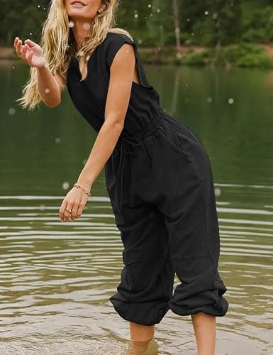 Flygo Womens Casual Jumpsuit Crewneck Cap Sleeve Long Wide Leg Pants One Piece Outfits Drawstring Romper with Pockets thumbnail 5