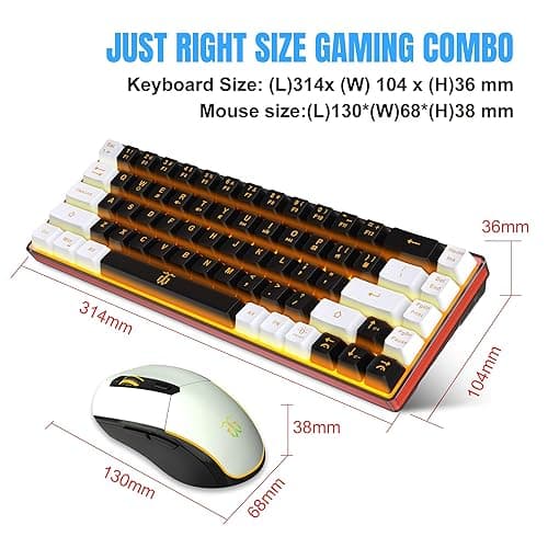Snpurdiri 60% Wireless Gaming Keyboard and Mouse Combo,Orange Backlit Rechargeable 2000mAh Battery,Mini Mechanical Feel Anti-ghosting Keyboard + Popular RGB Mice for Gaming, Office(Black-White) thumbnail 8