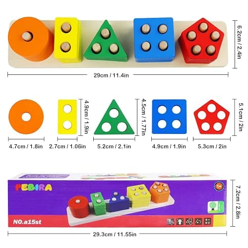 PEBIRA Montessori Toys for 1 to 3-Year-Old Boys Girls Toddlers, Wooden Sorting & Stacking Toys for Toddlers and Kids Preschool, Educational Color Recognition Shape Sorter, Learning Puzzles Gift thumbnail 2