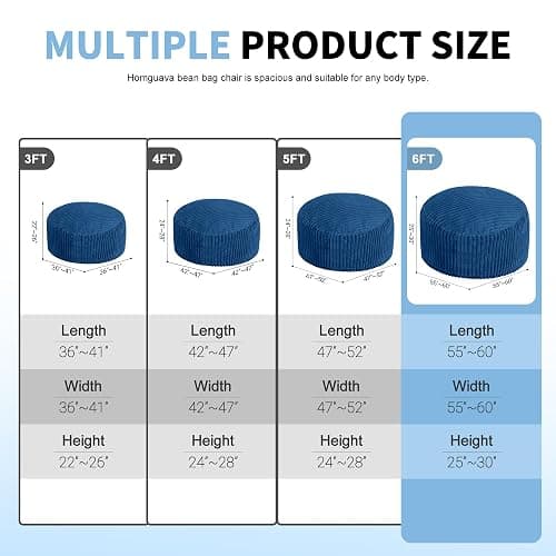 Homguava 6 FT Bean Bag Chair,6' Big Bean Bag,Giant Bean Bag Chairs for Adults with Memory Foam Filled,Comfy Large Beanbag Chairs Soft Bean Bag Sofa with Dutch Corded Plush Cover-Blue thumbnail 2