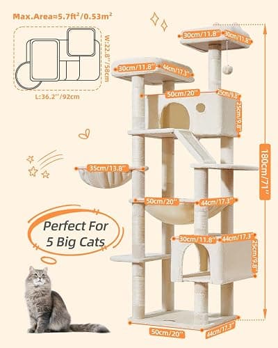 Taoqimiao Arbre a Chat Maine Coon,180cm Stable Arbres à Chat XXL avec 2 Condos Spacieux pour Chats, 8 Griffers, 2 Plateformes, Panier pour Matou, Confortable Hamac, Beige MS026LM thumbnail 3