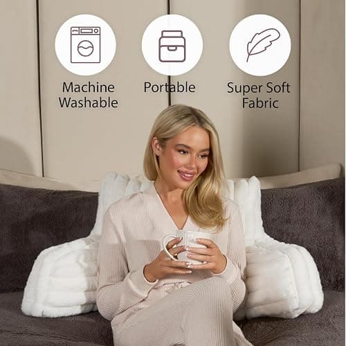 OHS Reading Pillow Ribbed Faux Fur, Heatable Pocket Super Soft Cosy Reading Cushion for Adults Snuggle Relaxing Bed Armchair Pillow Back Support, Cream thumbnail 4