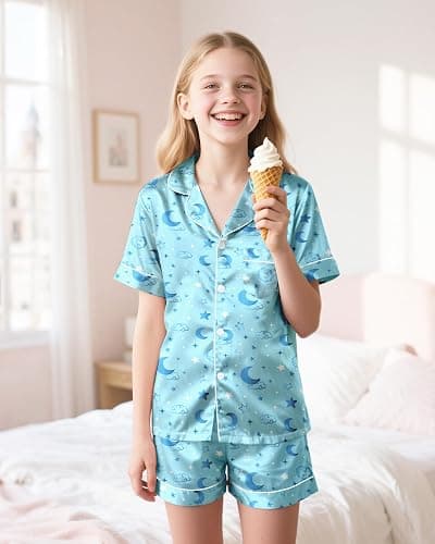 Sylfairy Girls Pajamas Silk PJS Set Pink Bow Satin Sleepwear Short Sleeve Jammies for Kids Button-Down Nightwear size 7-14 thumbnail 3