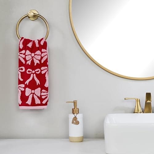 SKL Home Bow Jacquard 100% Cotton Premium 2-Piece Hand Towel Set, 500 GSM, Reversible, Soft & Absorbent, Everyday/Christmas/Winter/Valentine's, Decorative for Bath/Kitchen/Bar, Red/Pink thumbnail 2