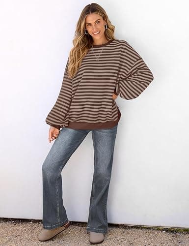 UEU Women Oversized Striped Crewneck Sweatshirt Long Sleeve Casual Pullover | Loose Fit Y2K Tops, Soft Sweatshirt Fabric, Color Block, Lounge Fall Streetwear, Workout Shirt thumbnail 5