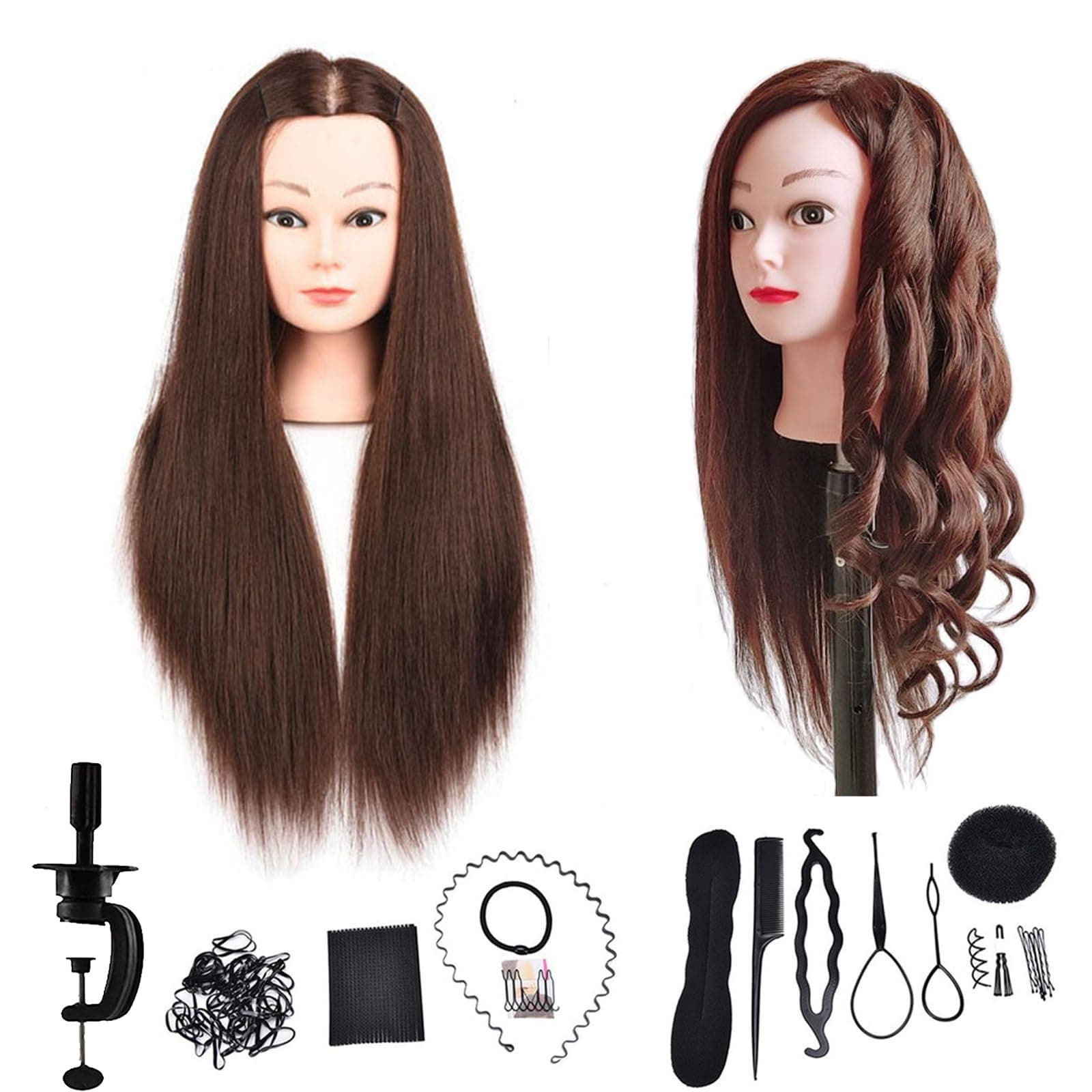 DaizySight Hair Styling Training Head with 60% Real Human Hair, 23" Dark Brown Cosmetology Mannequin Head Hairdressing Manikin Doll Head with Clamp & Styling Tools - Brown - Image 1