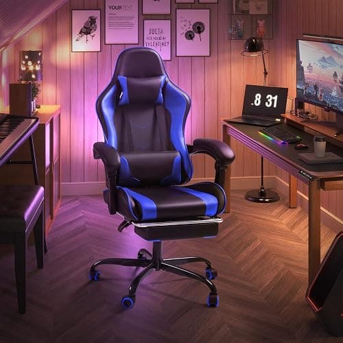 Shahoo Gaming Chair with Footrest and Massage Lumbar Support, Video Game Chairs Height Adjustable Seat with Headrest for Office or Bedroom, Study Room, Blue thumbnail 2