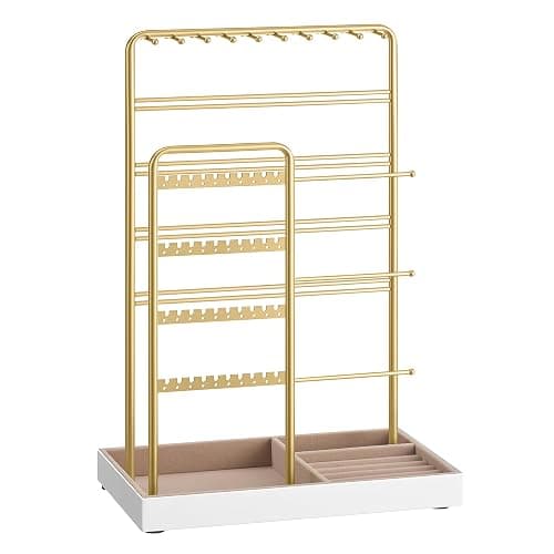 SONGMICS Jewelry Holder, Jewelry Organizer, Jewelry Display Stand with Metal Frame, Velvet Tray, Necklace Earring Bracelet Holder, for Studs, Rings, Christmas Gift, Pale Gold UJJS028A01 - Image 1