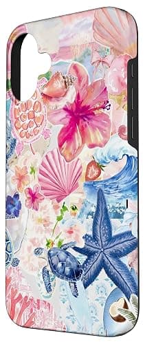 European Summer Preppy Collage Hibiscus and Turtle Case for iPhone 16 Plus thumbnail 2