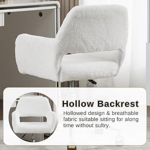HENGJIANYI Faux Fur Swivel Desk Chair, Modern Fluffy Makeup Vanity Chair, Height Adjustable Armchair with Gold Base, Ergonomic Office Chair with Hollowed Back, White thumbnail 4