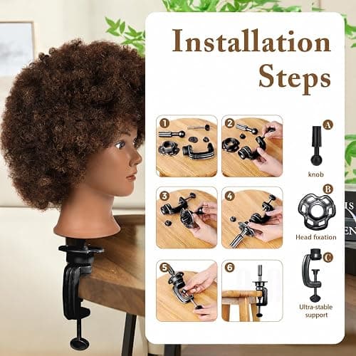 African Mannequin Head with 100% Human Hair Mannequin Head Curly Cosmetology Manican Mannequins Heads with Stand for Display Practice Braiding Styling Training Head Hair Styling thumbnail 7