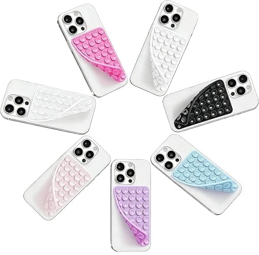 (7 Pack) Silicone Suction Cup Phone Case Mount Double Sided, Sticky Phone Grip with Higher Suction Power for Cell Phone, Pink & Blue & Clear & Black & White & Hot Pink & Lavender - Image 1